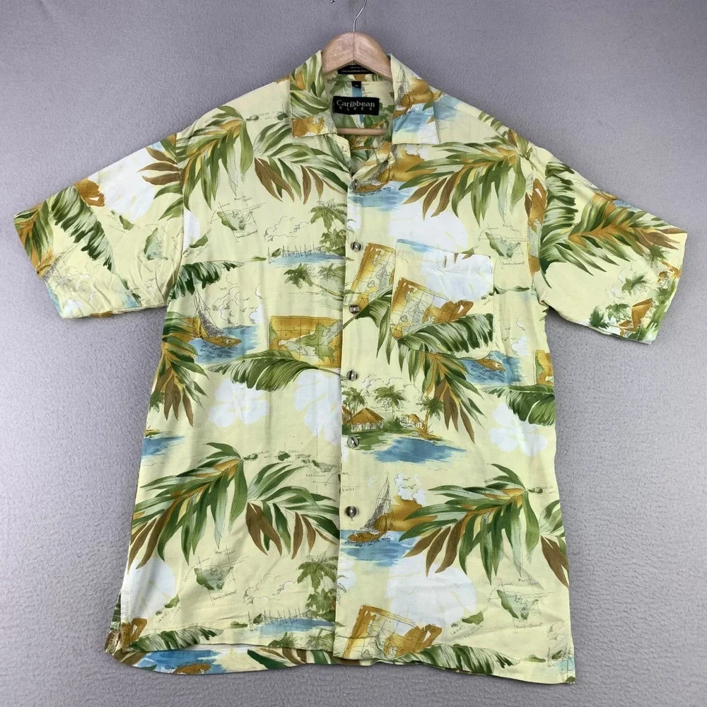Caribbean Blues Aloha Shirt Mens Medium Yellow Tropical Map Rayon‎ Camp Hawaiian